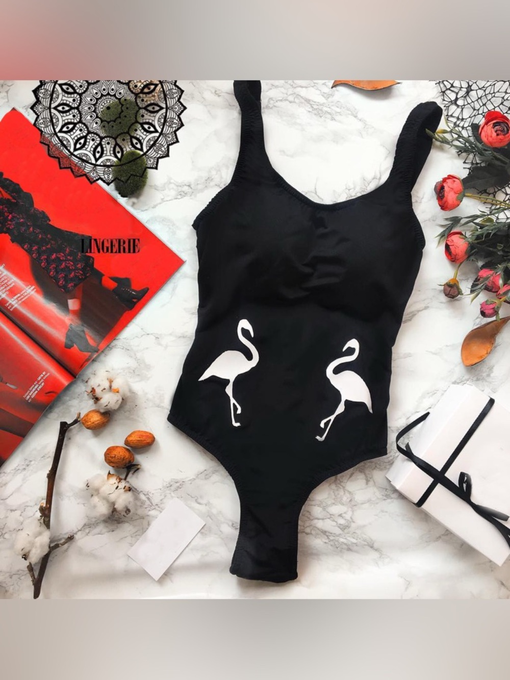 Black Girls' One-Piece Swimsuit with White Flamingo Accents